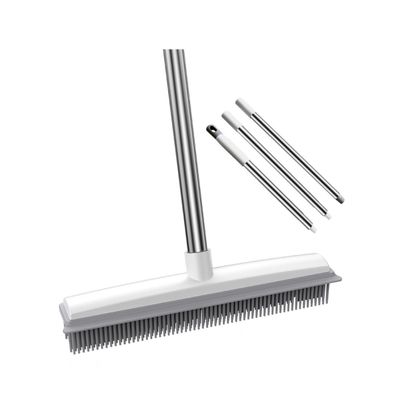 Healeved Dual-Use Rubber Floor Brush for Wood and Carpet Cleaning, Pet Hair Remover Scrub Brush with Long Handle, Plastic Bristle Cleaning Tool for Home and Bathroom Use