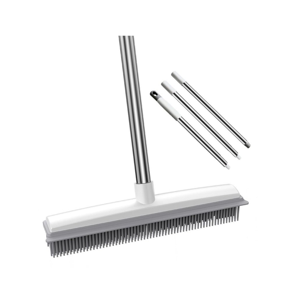 Healeved Dual-Use Rubber Floor Brush for Wood and Carpet Cleaning, Pet Hair Remover Scrub Brush with Long Handle, Plastic Bristle Cleaning Tool for Home and Bathroom Use