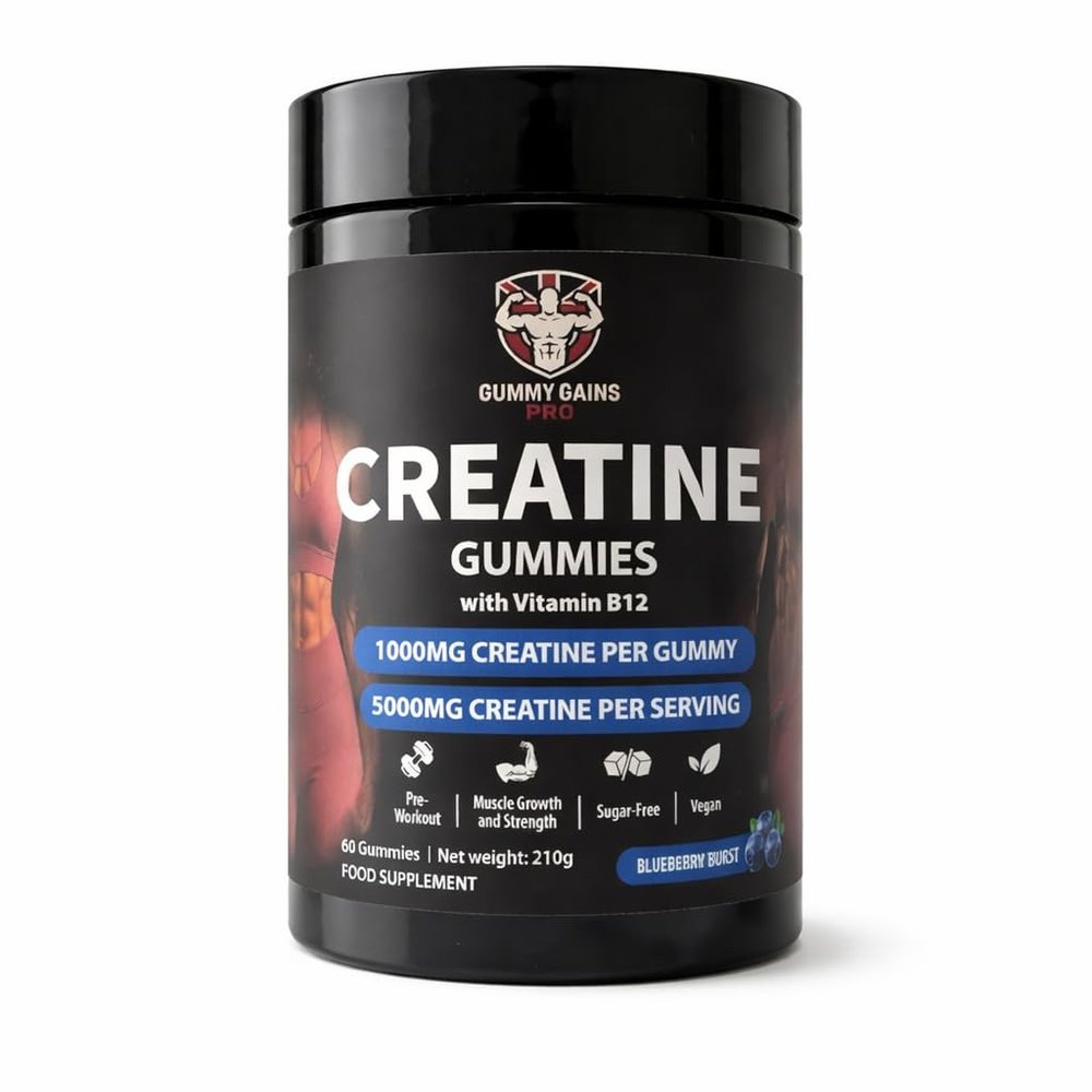 Creatine Gummies 5000mg Creatine Monohydrate per Serving (1000mg per Gummy) Vegan, Sugar Free Gym & Training Support for Men & Women 60 Count (Blueberry)