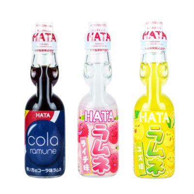 Hata Kosen Ramune 200 ml (Pack of 3) Japanese Soft Drink (Assorted 8) - Cola, Lychee, Yuzu Ramune