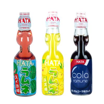 Hata Kosen Ramune 200 ml (Pack of 3) Japanese Soft Drink (Assorted 7) - Watermelon, Yuzu, Cola Ramune