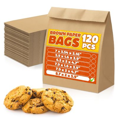 120 Pack Tiny Small Brown Paper Bags - Tiny Brown Lunch Bags Suitable for Bakery, Snacks, and Candies, Durable & Easy to Store, Convenient Size (8.7 x 2 x 5.9"), Good for Home and Commercial Use