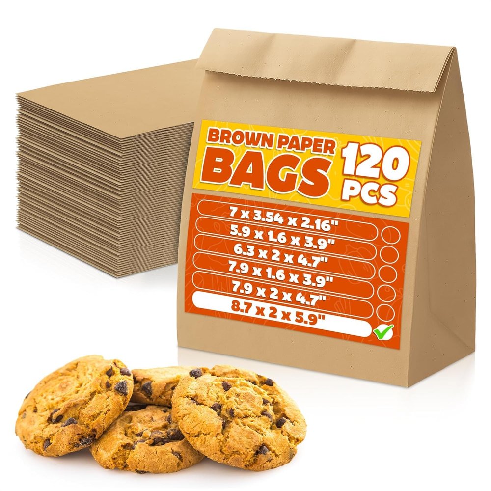 120 Pack Tiny Small Brown Paper Bags - Tiny Brown Lunch Bags Suitable for Bakery, Snacks, and Candies, Durable & Easy to Store, Convenient Size (8.7 x 2 x 5.9"), Good for Home and Commercial Use