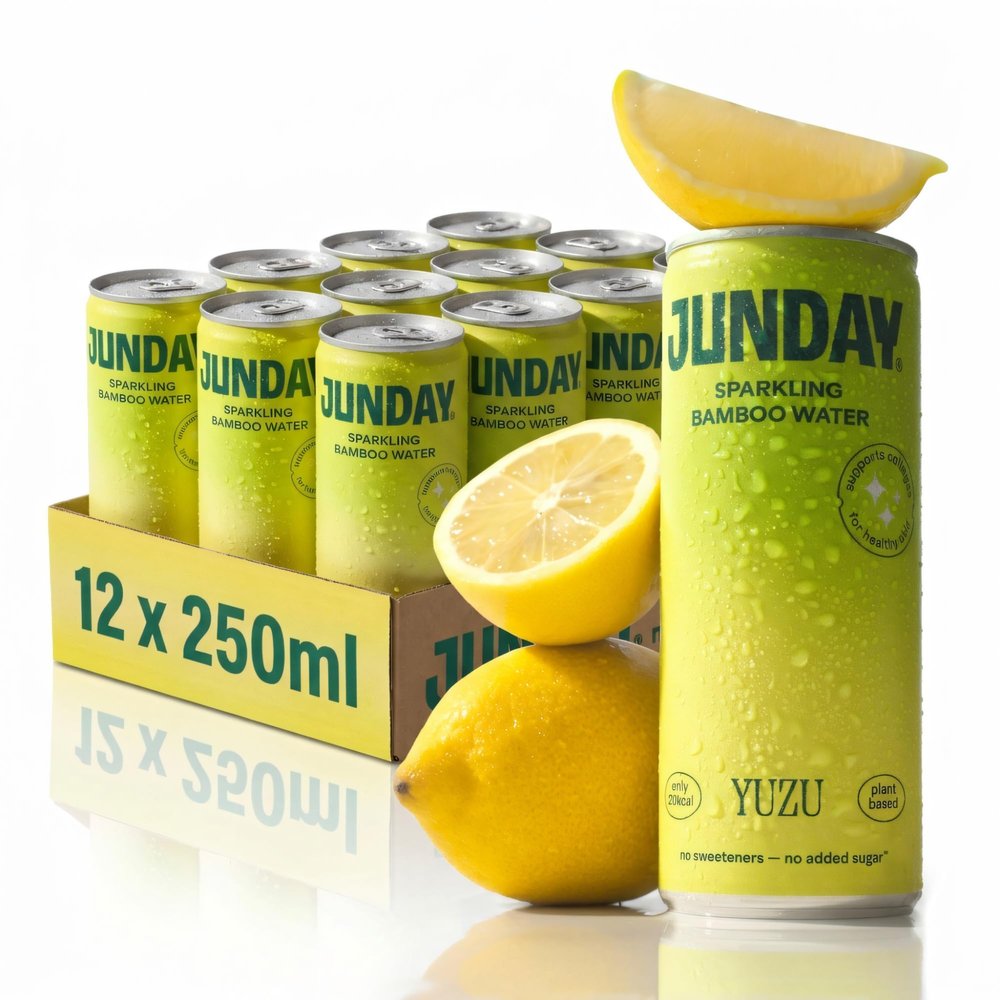 Junday Bamboo Water Yuzu Lightly Sparkling Hydration Infused with Bamboo Designed to Support Collagen for Radiant-Looking Skin No Sweeteners, Zero Added Sugar Vegan, UK