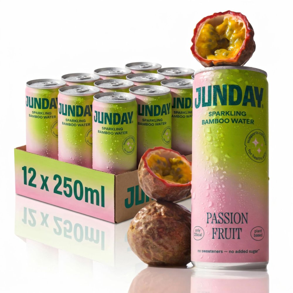 Junday Bamboo Water Passion Fruit - Sparkling Flavoured Functional Water Can - Natural Tropical Drink with Bamboo Extract Vitamin C Collagen Support Low Sugar Low Calorie Vegan Hydration Pack of 12