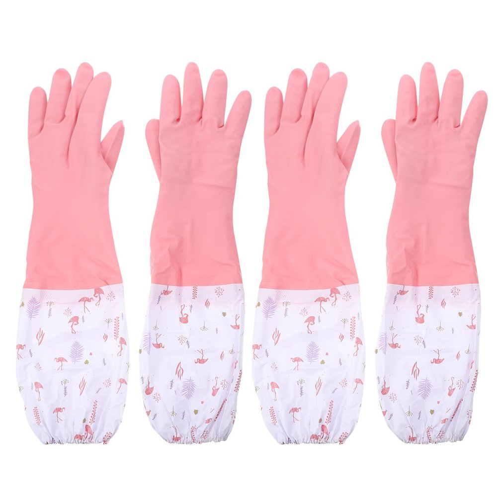 2 Pair Waterproof Kitchen Gloves Thick Plush Lining Anti-Slip Rubber Dishwashing and Cleaning Gloves Size S Random Color Random Color