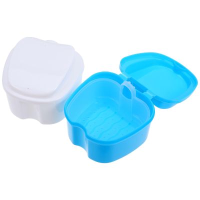 ROMISBABA 2pcs Denture Case Plastic Storage Box Blue False Tooth Container with Filtered Hinge for Denture Hygiene and Convenient Care Sports Mouth Guards Travel Use