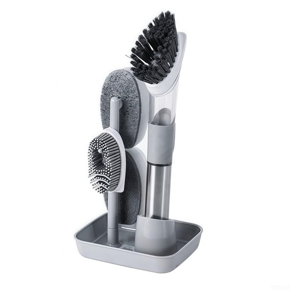 4in1 Kitchen Soap Dispensing Brushes with Long Handle for Dishwashing and Thorough Cleaning of Tiles, Sinks, and Cookware (Gray)
