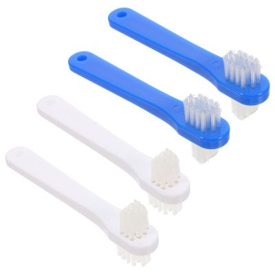 TOVINANNA 4Pcs Double-Sided Denture Cleaning Toothbrush Set for Adults, Portable Small Multi-Functional False Teeth Care Brush with Soft Bristles, White and Blue