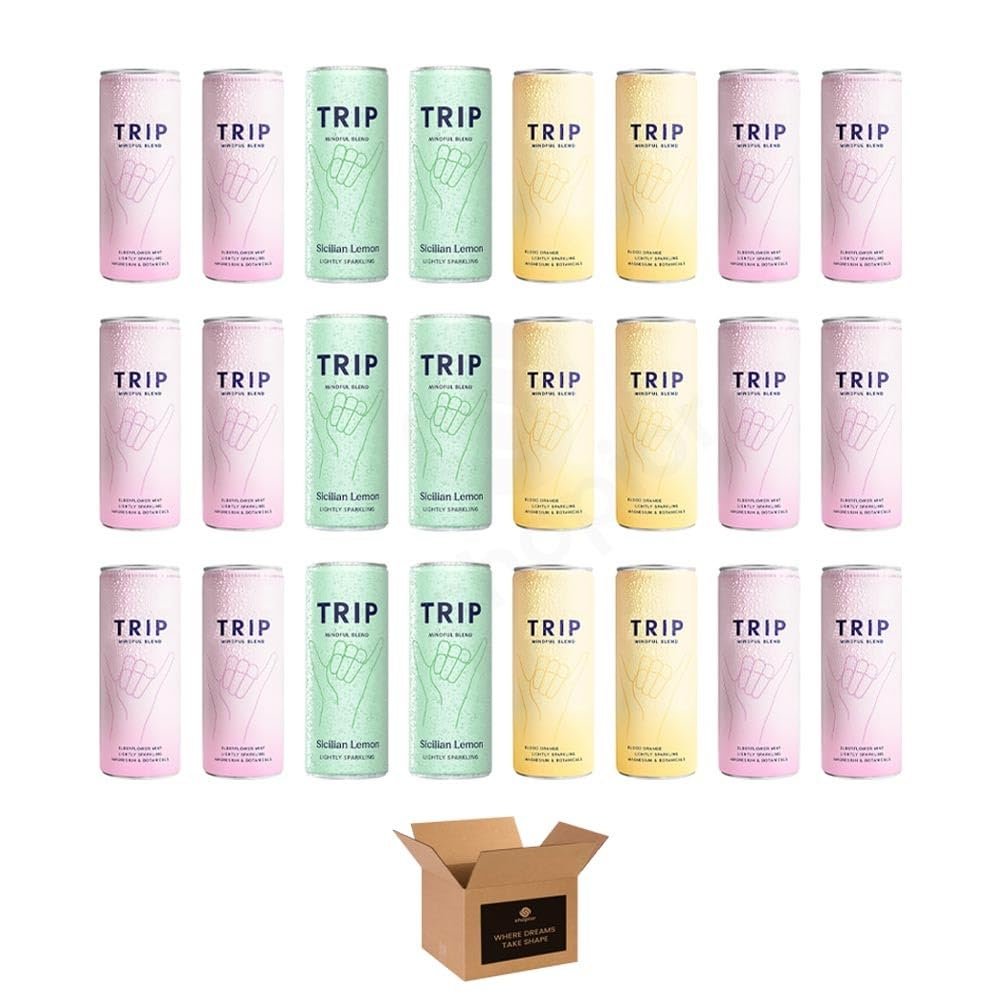 Calming Drink | 120mg Magnesium with Lions Mane, Chamomile Lemon Balm | Low Calorie, 0 Sugar, Relaxation & Stress Relief - (Trip,Mindful Blend Elder Flower Mint & BloodOrange-Sicilian Lemon- 24Pack)