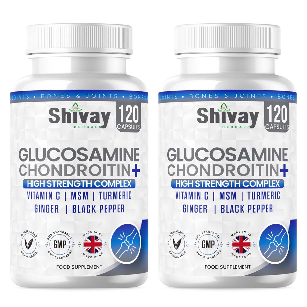 Glucosamine and Chondroitin High Strength Complex with Vitamin C, MSM, Turmeric, Ginger, Black Pepper | Joint & Bone Support | UK Made by Shivay Herbals (240 Count)