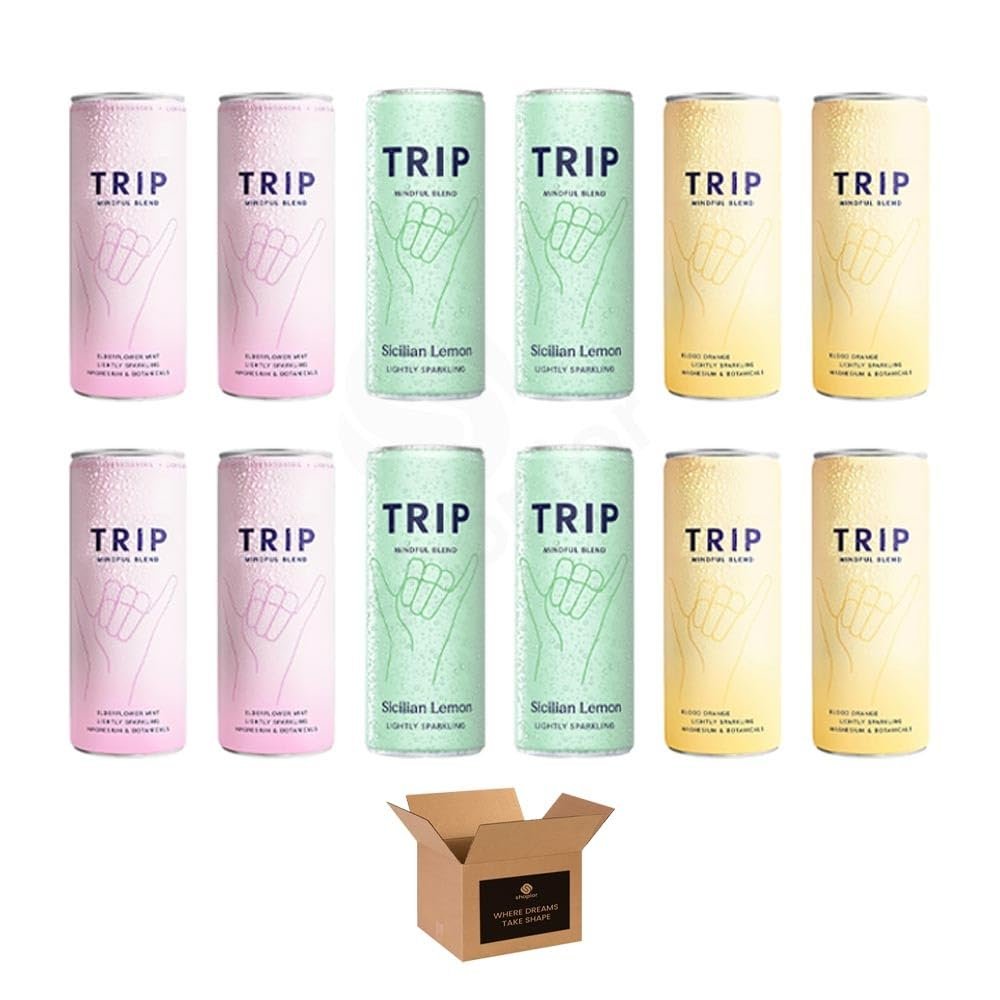 Calming Drink | 120mg Magnesium with Lions Mane, Chamomile Lemon Balm | Low Calorie, 0 Sugar, Relaxation & Stress Relief (Trip,Mindful Blend Elder Flower Mint & BloodOrange-Sicilian Lemon- 12Pack)