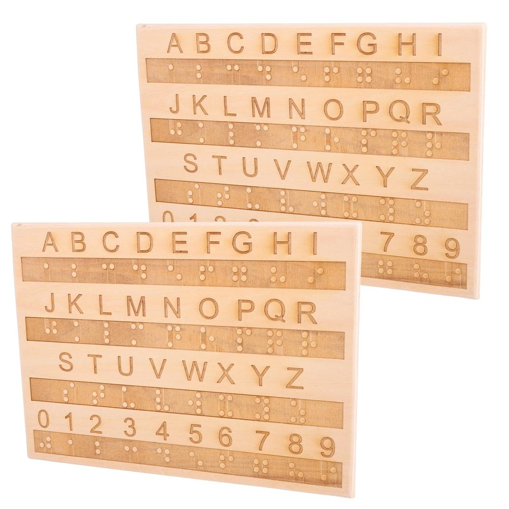 2pcs Braille Alphabet Board, Wooden Braille Fingerboard with Raised Dots & Engraved Letters & Numbers Montessori Educational Tool Escape Room Games Teaching for Visually Impaired