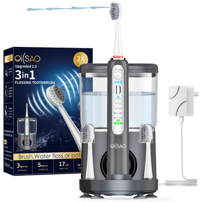 OILSAO Electric Toothbrush with Water Flosser Combo in One, Professional Flossing Toothbrush for Teeth Cleaning and Flossing, Plaque Removal, Rechargeable,5 Brush Modes & 3 Flossing Speeds,500ML,Gray