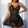 BUhuiBabubu Sexy Lingerie for Women Sets, Womens Lace Chemise Lingerie Sleepwear Nightdress Spaghetti Strap Sheer Babydoll V Neck Floral Mesh Nightgown,Black,L,u02k view 2
