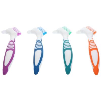 GOOHOCHY Denture Care Toothbrush 4pcs Double-Sided False Teeth Brush Portable Cleaning Tool with Soft Bristles for Comfortable Denture and Retainer Maintenance, Multi-Color Random Color