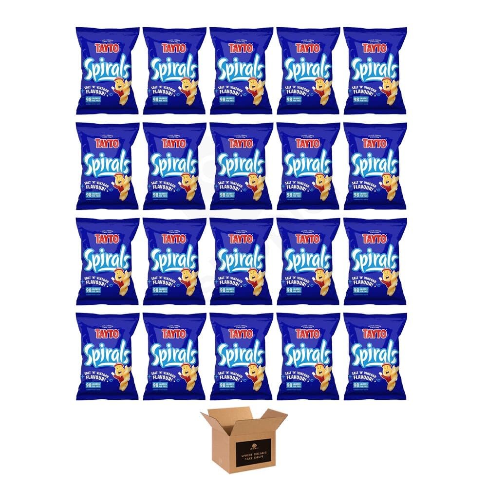 Tayto Crisps Flavoured British Potato Chips & Corn Snacks | Cheese Onion, Smoky Bacon Party Snacks, Lunchbox Crispy Sharing Packs (Case of 20, SPIRAL SALT & VINEGAR 1.25 45g)