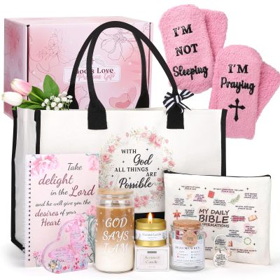 Yinsun Christian Gifts for Women, Faith Based Gift Religious Gifts for Christian Women, Unique Catholic Birthday Gift Set Bible Accessories with Tote Bag & Drinking Jar for Mom Wife Grandma Friend