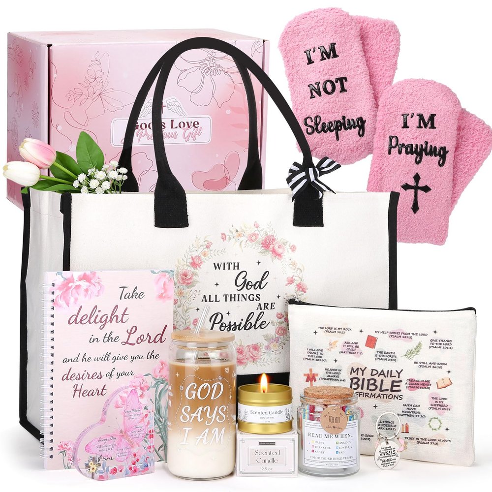 Yinsun Christian Gifts for Women, Faith Based Gift Religious Gifts for Christian Women, Unique Catholic Birthday Gift Set Bible Accessories with Tote Bag & Drinking Jar for Mom Wife Grandma Friend