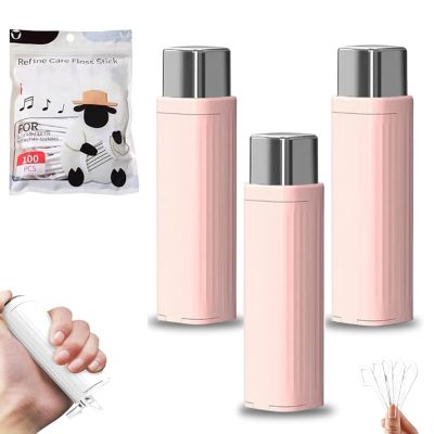 Portable Floss Dispenser with 100 Pcs Dental Flosses, Refillable Automatic Travel Floss Pick Organizer, Pop-Up Dental Tooth Picks Case (3PCS Pink)