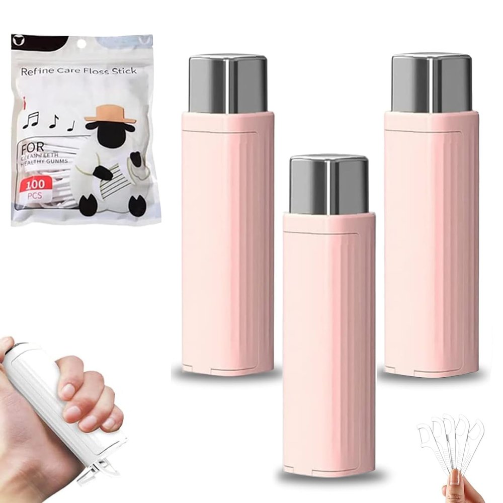 Portable Floss Dispenser with 100 Pcs Dental Flosses, Refillable Automatic Travel Floss Pick Organizer, Pop-Up Dental Tooth Picks Case (3PCS Pink)