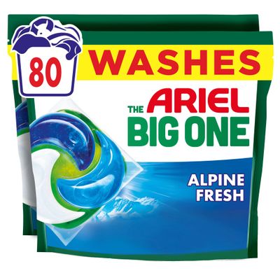 Ariel The Big One PODS, Washing Liquid Laundry Detergent Capsules, 2 x 40 Washes, Alpine Fresh, 2X Stain & Odour Removal, Fast Dissolving Even in Cold