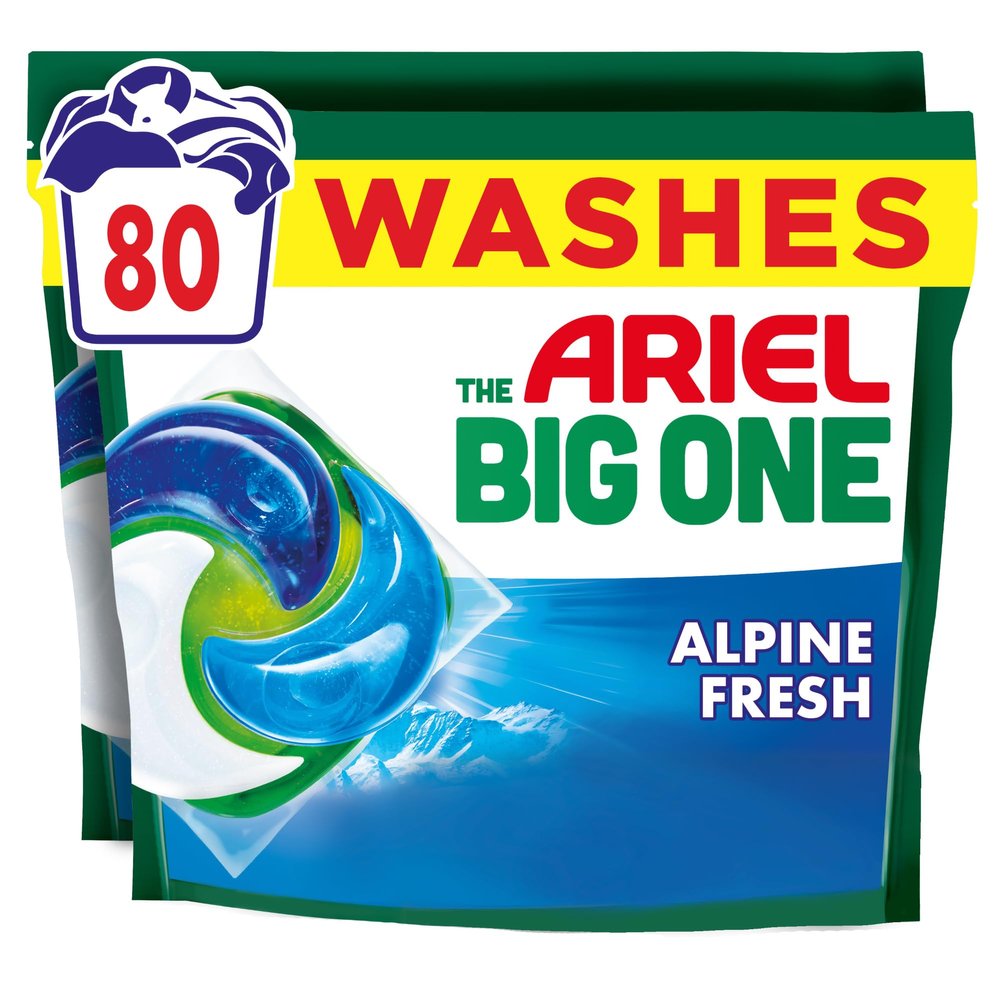 Ariel The Big One PODS, Washing Liquid Laundry Detergent Capsules, 2 x 40 Washes, Alpine Fresh, 2X Stain & Odour Removal, Fast Dissolving Even in Cold