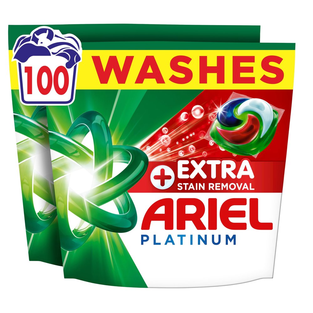 Ariel Platinum PODS, Washing Liquid Laundry Detergent Capsules 100 Washes, +Extra Stain Removal, Remove Even 7-Day Dried-in Stains