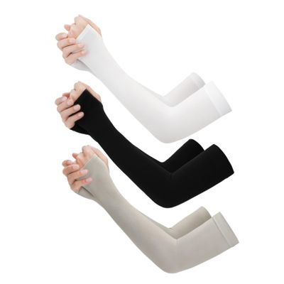 Alipis 3 Pairs Uv-Blocking Ice Silk Sun Protection Arm Sleeves with Thumb for Men and Women, Lightweight Cooling Forearm Guards in Black, Grey, and White for Outdoor Activities