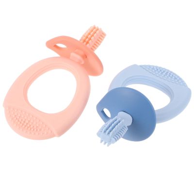 Abaodam 2 Pcs Toothbrush Set with Soft Silicone Bristles, Tender Molar Training Brush for Infants and, Blue and Pink with Storage Case, Chewable Oral Care for Early Teeth Cleaning