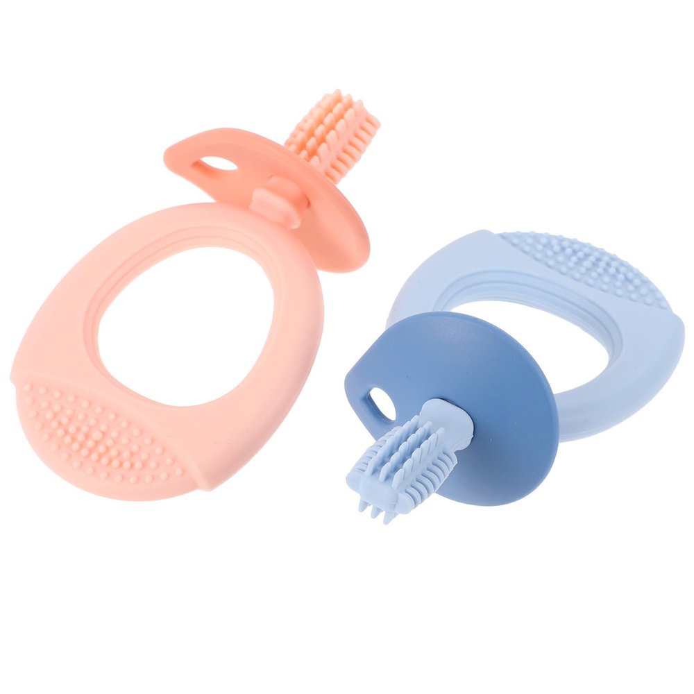 Abaodam 2 Pcs Toothbrush Set with Soft Silicone Bristles, Tender Molar Training Brush for Infants and, Blue and Pink with Storage Case, Chewable Oral Care for Early Teeth Cleaning