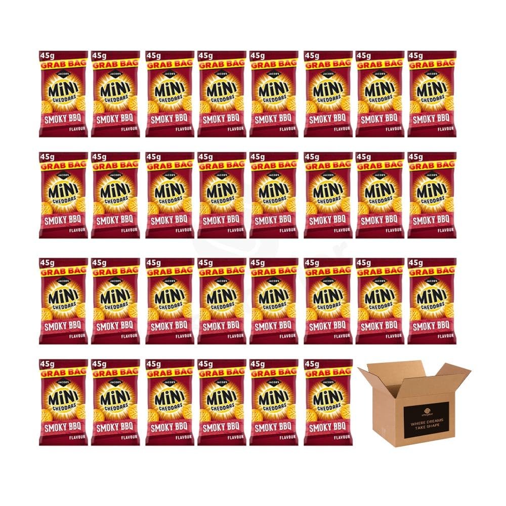 Shopior Mini Cheddars Cheese Grab Bag | Crunchy Oven Baked Biscuits, Classic British Snack, Perfect for Lunchboxes, Parties & Sharing (Mini Cheddars Smoky BBQ - 45g x 30Pack)