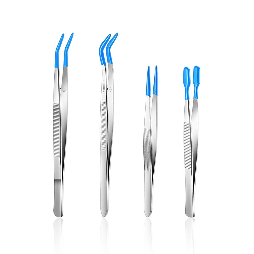 4 Pieces of Blue Dip Plastic Tweezers, Non-Slip Precision Clips, Coin and Stamp Clamping Tools, Suitable for Handmade Jewelry Making, Pet Feeding and Other Scenes.