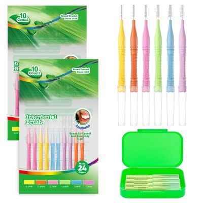 24-Piece Interdental Brush Set, Thickened with Extended Handle, 6 Sizes for Interdental Spaces of 0.4/0.6/0.7/0.8/1.0/1.2 mm, Portable, Reusable, for the Whole Family