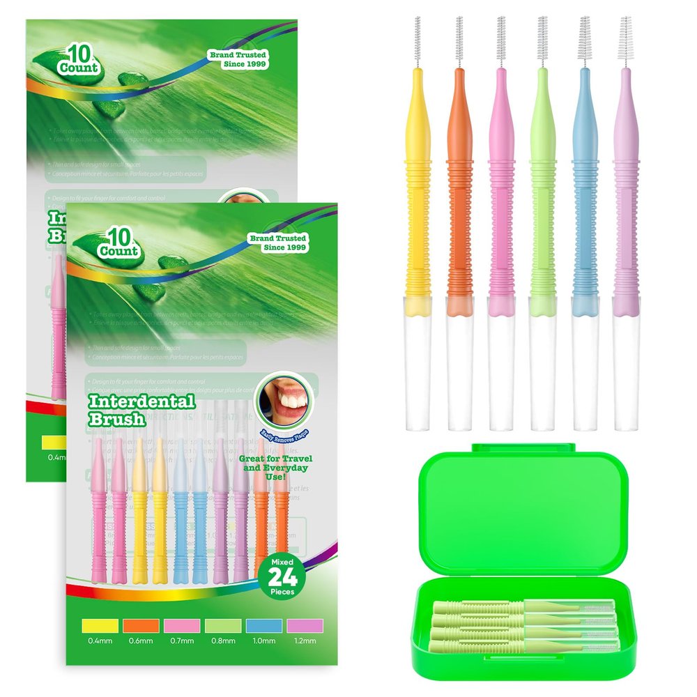 24-Piece Interdental Brush Set, Thickened with Extended Handle, 6 Sizes for Interdental Spaces of 0.4/0.6/0.7/0.8/1.0/1.2 mm, Portable, Reusable, for the Whole Family