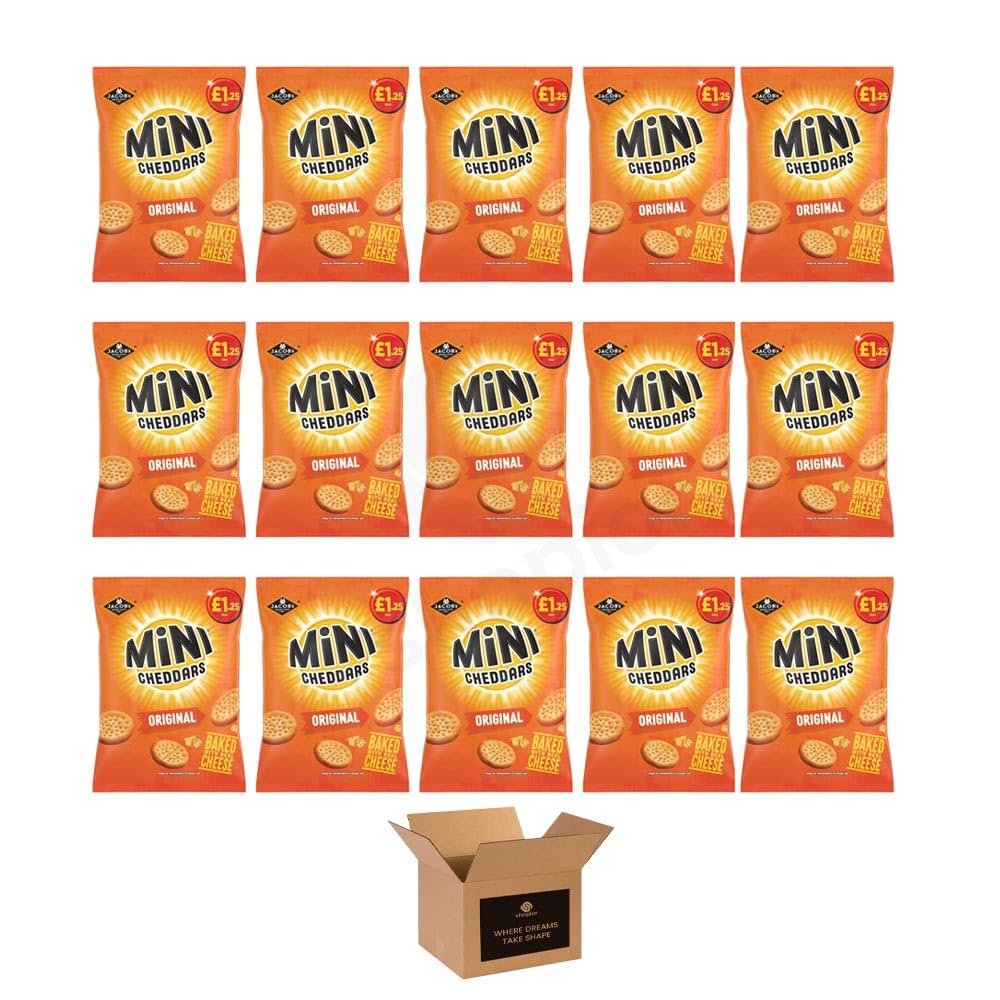 Shopior Mini Cheddars Cheese Grab Bag | Crunchy Oven Baked Biscuits, Classic British Snack, Perfect for Lunchboxes, Parties & Sharing (Jacobs Mini Cheddars Originals, 90g x 15Pack)