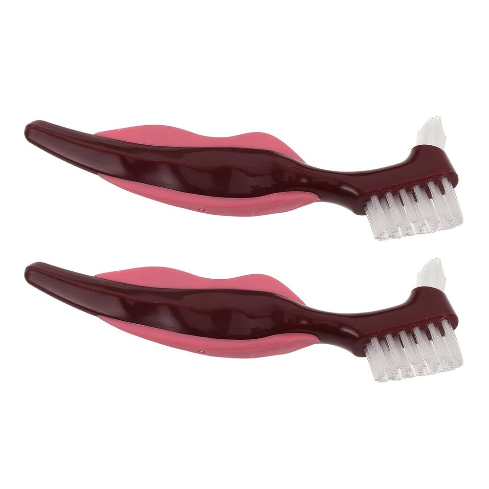 FOMIYES 2Pcs Denture Cleaning Brush Double Head with Multi-Layered Bristles Red Hard Denture Hygiene Brush for Deep Cleaning False Teeth Senior Oral Care Essential