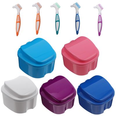 ibasenice Denture Case and Denture Brush Set 10pcs (5 and 5 Soft Bristle Brushes) Travel for Retainer Cleaning and Soaking Random Color