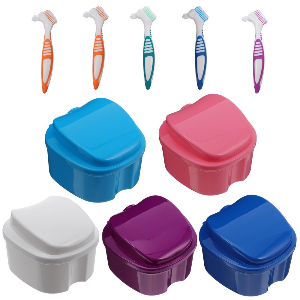 ibasenice Denture Case and Denture Brush Set 10pcs (5 and 5 Soft Bristle Brushes) Travel for Retainer Cleaning and Soaking Random Color