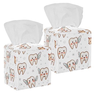 2 pack cute teeth tooth fairy (2) Tissue Box Cover, Decorative Tissue Box Dispenser for Bathroom, Parlors, Office, Bedroom Dresser, Vanity Countertop, Nightstand, Car, and Desk