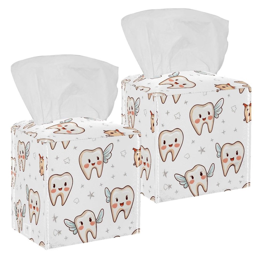 2 pack cute teeth tooth fairy (2) Tissue Box Cover, Decorative Tissue Box Dispenser for Bathroom, Parlors, Office, Bedroom Dresser, Vanity Countertop, Nightstand, Car, and Desk