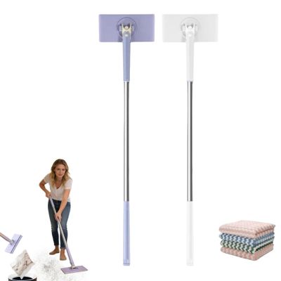 2Pcs Hands-Free Lazy Mop with 8 Reusable Cloth Changing & 360 Rotating Head, Disposable Dust Portable Mops, 360 Rotating Snap Grip Cleaning Mop with Automatic Cloth Changing for Home (110cm)