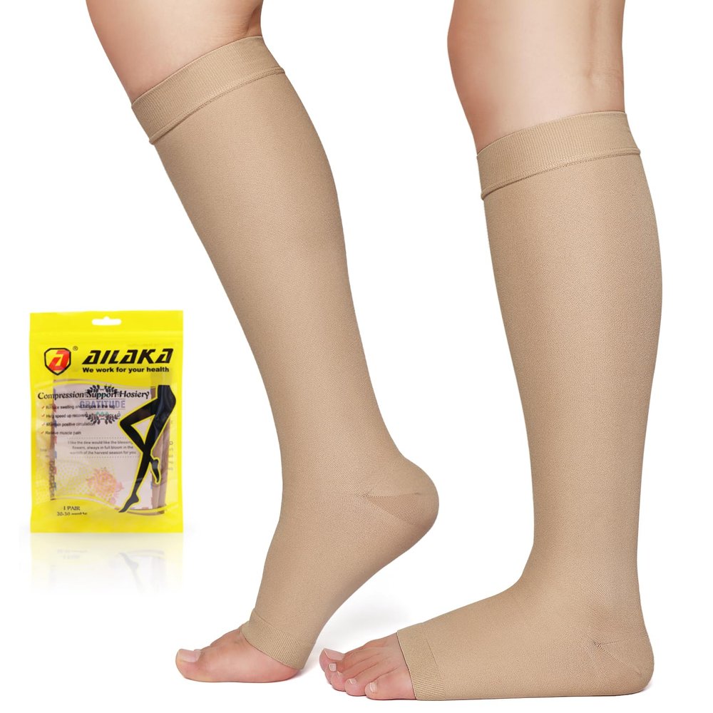 Ailaka Compression Socks for Women 20-30 mmHg, Graduated Support Socks for Men & Women, Breathable Wide Calf, Ideal for Running, Travel, Nursing & Pregnancy (Beige, 5XL)