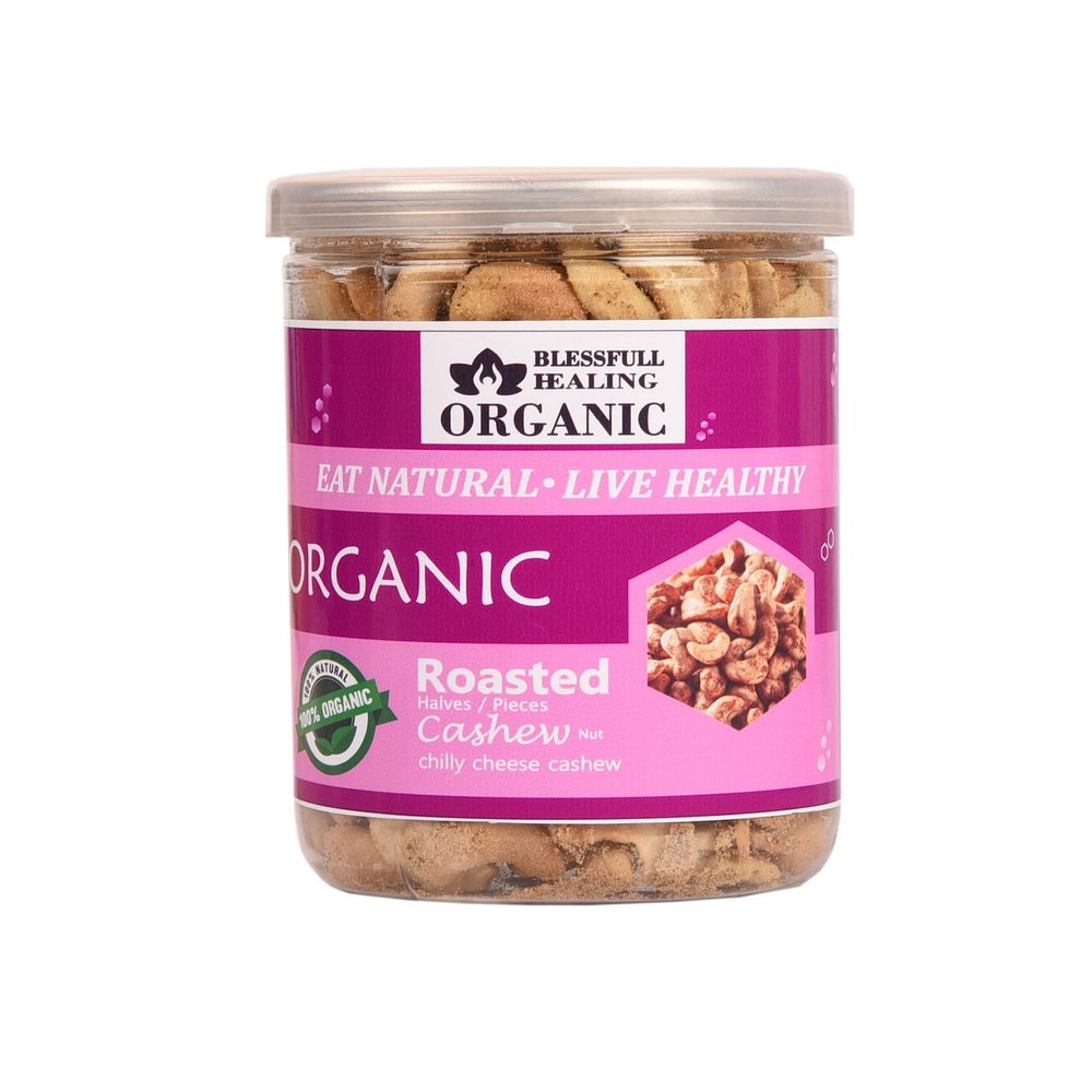 Blessfull Healing Organic Natural, Vegan Chilly Cheese Roasted Halves/Pieces Cashew Nuts Crunchy Kaju 300 Gram
