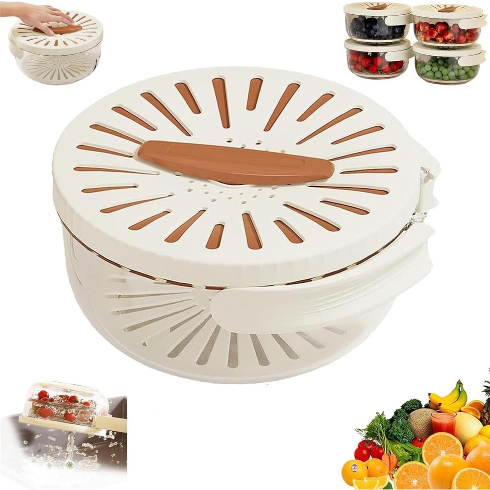 2-in-1 Draining and Preservation Basket,Multifunctional Fruit & Vegetable Washing Bowl with Strainer,Foldable Drain ContainerSimplify washing,Food Storage Container for Fruit Vegetable (Brown, Large)