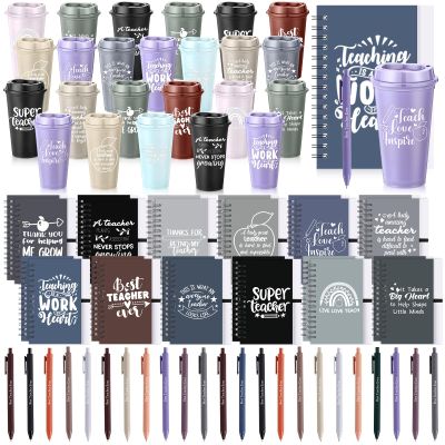 LemonRoad 72 Pcs Teacher Appreciation Gifts Bulk 16 oz Plastic Coffee Cup with Lid and Straw Notebooks and Pens Bulk Thank You Gift Set for Mentor Counselor (Thanks Teacher,Morandi)