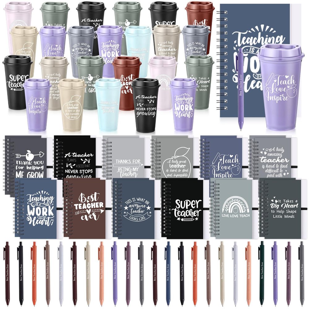 LemonRoad 72 Pcs Teacher Appreciation Gifts Bulk 16 oz Plastic Coffee Cup with Lid and Straw Notebooks and Pens Bulk Thank You Gift Set for Mentor Counselor (Thanks Teacher,Morandi)