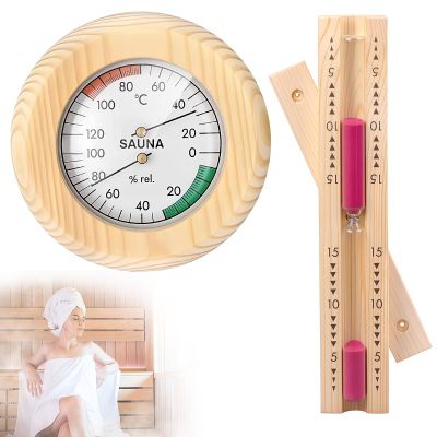 2-in-1 Sauna Accessories, Sauna Thermometer Hygrometer and 15-Minute Wooden Sauna Hourglass Timer, Wall-Mounted Sauna Thermometer & Sauna Timer for Steam Room Sauna Room