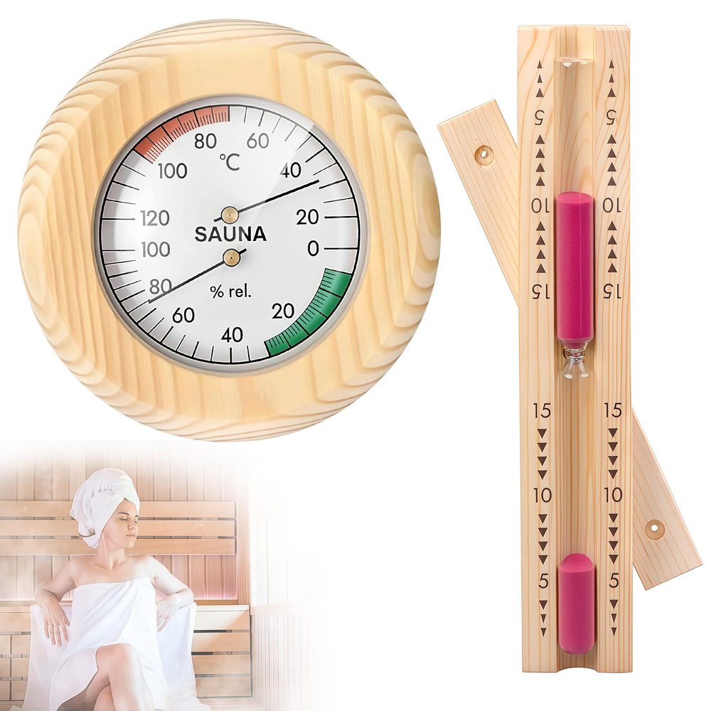 2-in-1 Sauna Accessories, Sauna Thermometer Hygrometer and 15-Minute Wooden Sauna Hourglass Timer, Wall-Mounted Sauna Thermometer & Sauna Timer for Steam Room Sauna Room
