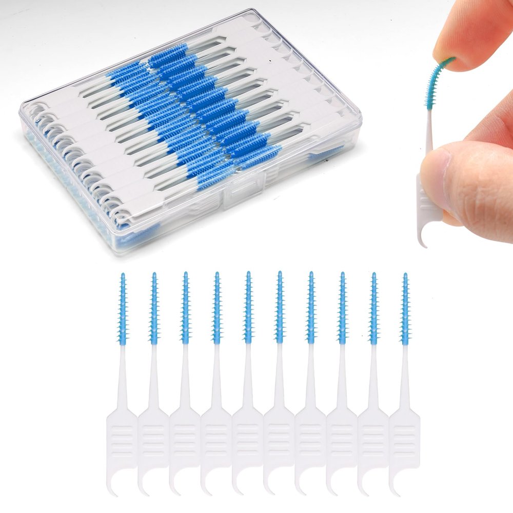ACSKD 200PCS Dental Floss Picks,Dual-Use Interdental Brushes,Soft Silicone Brush Head Toothpicks, Tooth Picks Flossers for Teeth Braces Cleaning (200PCS Blue)